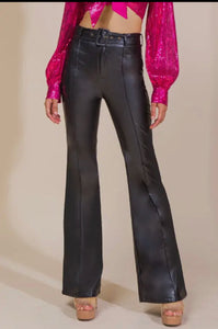 Black faux leather bell bottom pants