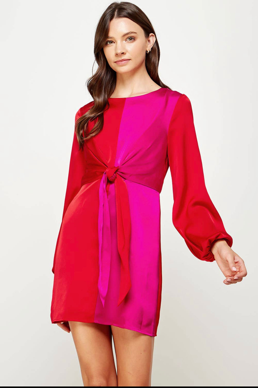 Red and Fuchsia Color Block Tie Satin Dress